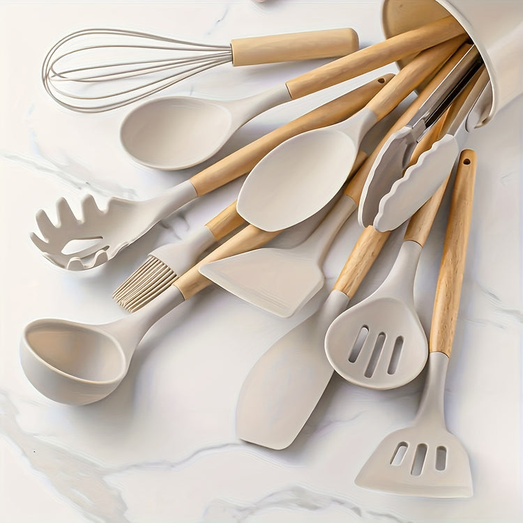 Magnifique ensemble d'ustensiles de cuisine en silicone sans BPA, résistants à la chaleur, anti-rayures avec manche en bois et bac de rangement, idéal pour cuisiner en toute sérénité. 12 pièces, produit Premium. La livraison est offerte !