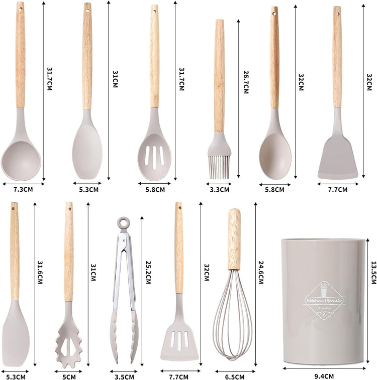 Magnifique ensemble d'ustensiles de cuisine en silicone sans BPA, résistants à la chaleur, anti-rayures avec manche en bois et bac de rangement, idéal pour cuisiner en toute sérénité. 12 pièces, produit Premium. La livraison est offerte !