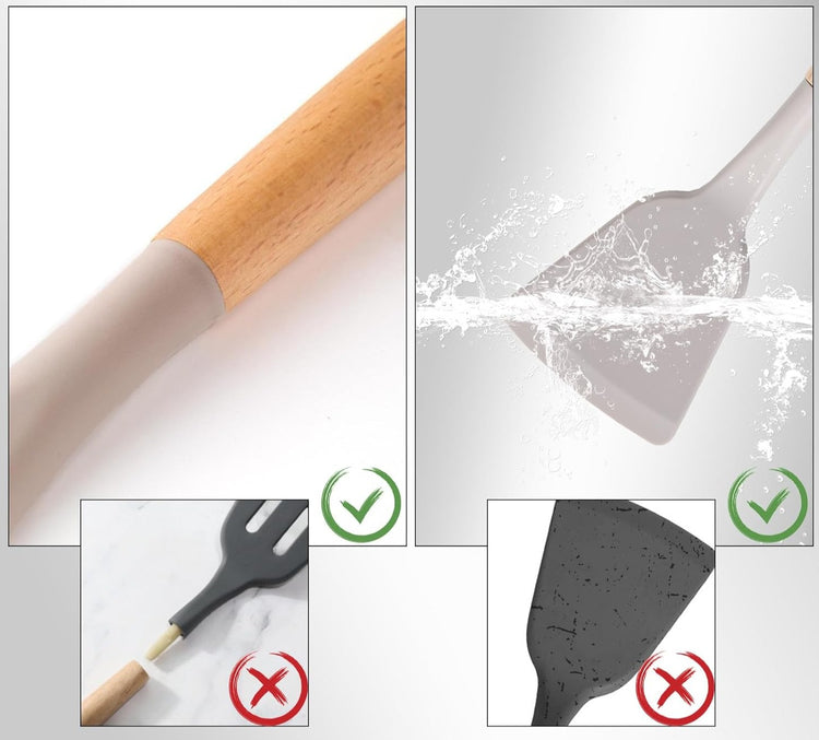 Magnifique ensemble d'ustensiles de cuisine en silicone sans BPA, résistants à la chaleur, anti-rayures avec manche en bois et bac de rangement, idéal pour cuisiner en toute sérénité. 12 pièces, produit Premium. La livraison est offerte !