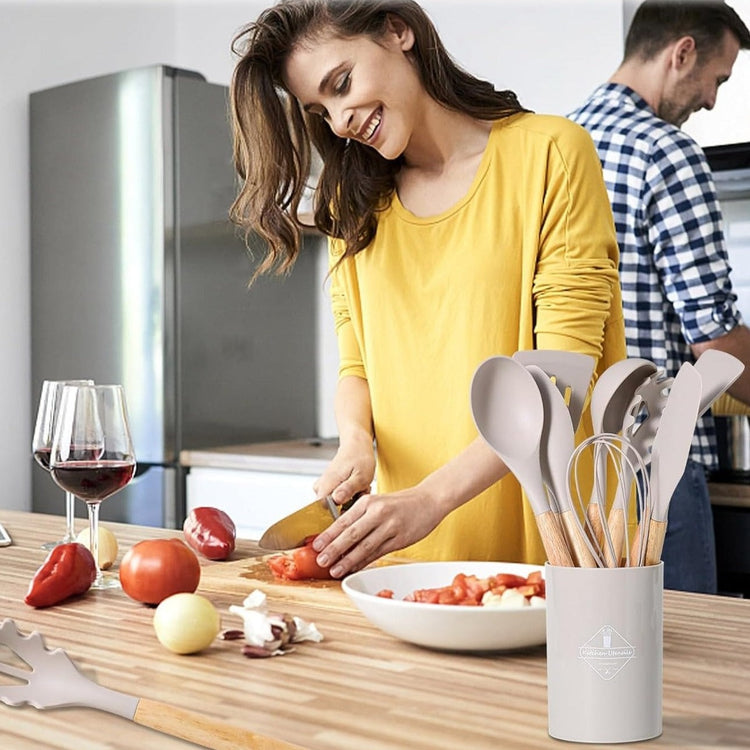 Magnifique ensemble d'ustensiles de cuisine en silicone sans BPA, résistants à la chaleur, anti-rayures avec manche en bois et bac de rangement, idéal pour cuisiner en toute sérénité. 12 pièces, produit Premium. La livraison est offerte !