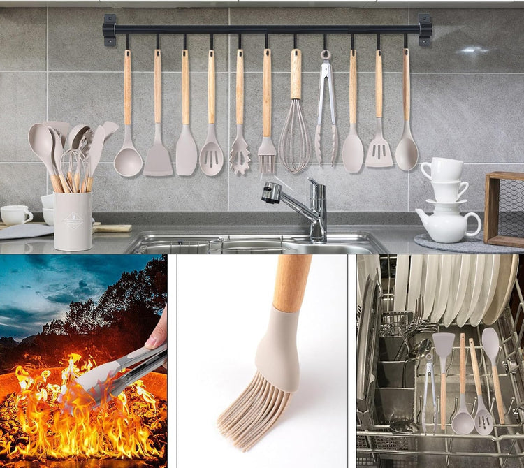 Magnifique ensemble d'ustensiles de cuisine en silicone sans BPA, résistants à la chaleur, anti-rayures avec manche en bois et bac de rangement, idéal pour cuisiner en toute sérénité. 12 pièces, produit Premium. La livraison est offerte !
