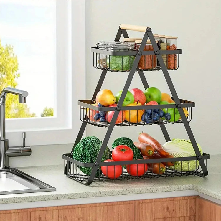 Magnifique panier à fruits et légumes, superposés 2 ou 3 niveaux, avec poignée en bois, design élégant pour cuisine et salle de bain, facile à monter et stable. Produit Top Premium. La livraison prioritaire est offerte!