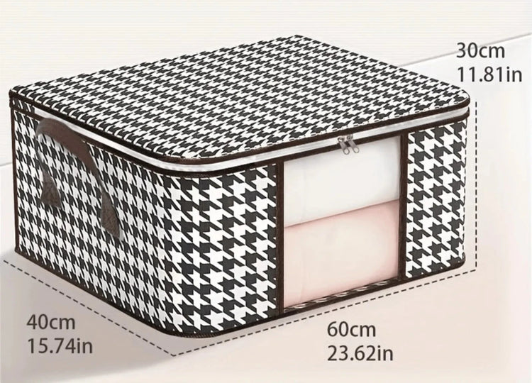 Superbe housse de rangement en coton motif pied-de-poule avec fenêtre transparente, poignées renforcées et fermeture éclair robuste pour vêtements et literie. La livraison est offerte !