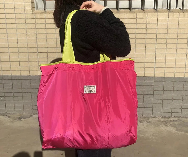 Grand sac shopping pliable et réutilisable en tissu léger – Cabas bicolore à anses longues pour courses, sport, yoga, week-end ou travail – Fermeture par cordon coulissant. La livraison prioritaire est offerte !