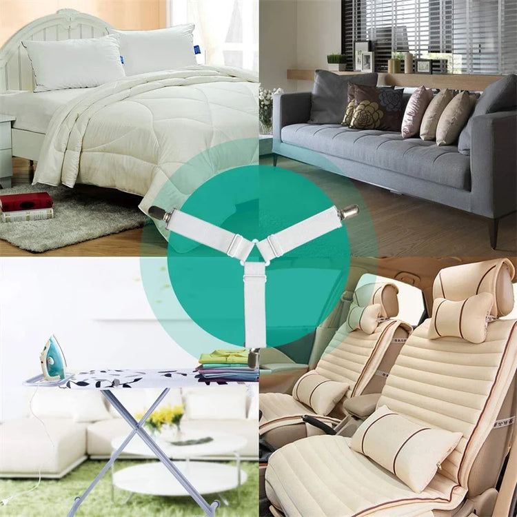 Sangles Premium de maintien pour draps housse avec design triangulaire, élastiques réglables et pinces renforcées pour un lit toujours lisse et sans plis. La livraison prioritaire est offerte !