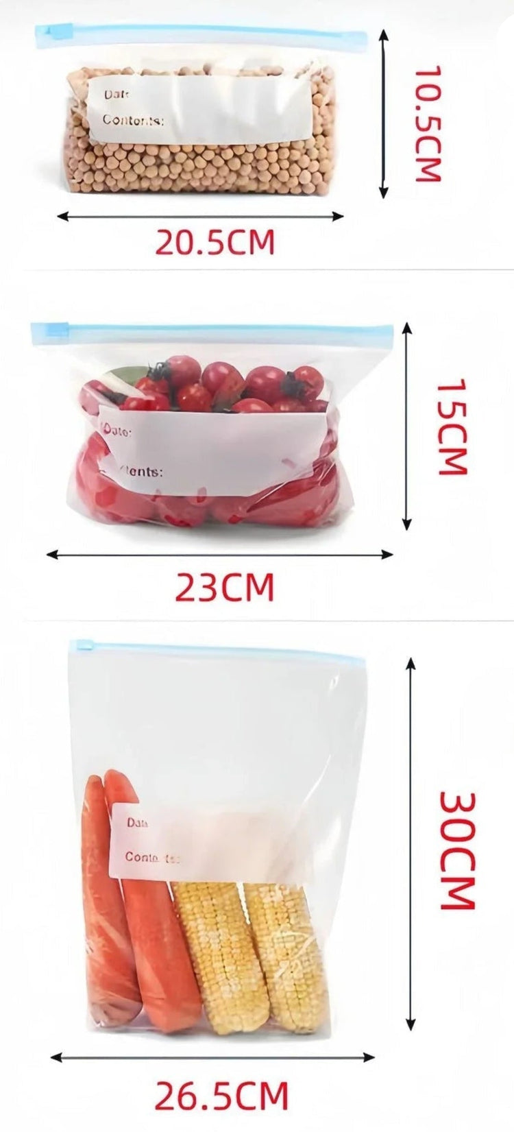 Lot de 45 sacs alimentaires réutilisables, 3 formats pratiques – congélation, frigo ou placard – fermeture à glissière étanche, zone d’écriture intégrée, ultra résistants et durables. La livraison prioritaire est offerte !