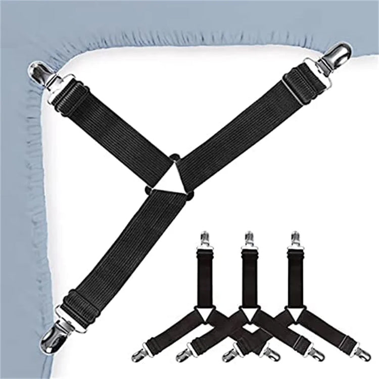 Sangles Premium de maintien pour draps housse avec design triangulaire, élastiques réglables et pinces renforcées pour un lit toujours lisse et sans plis. La livraison prioritaire est offerte !