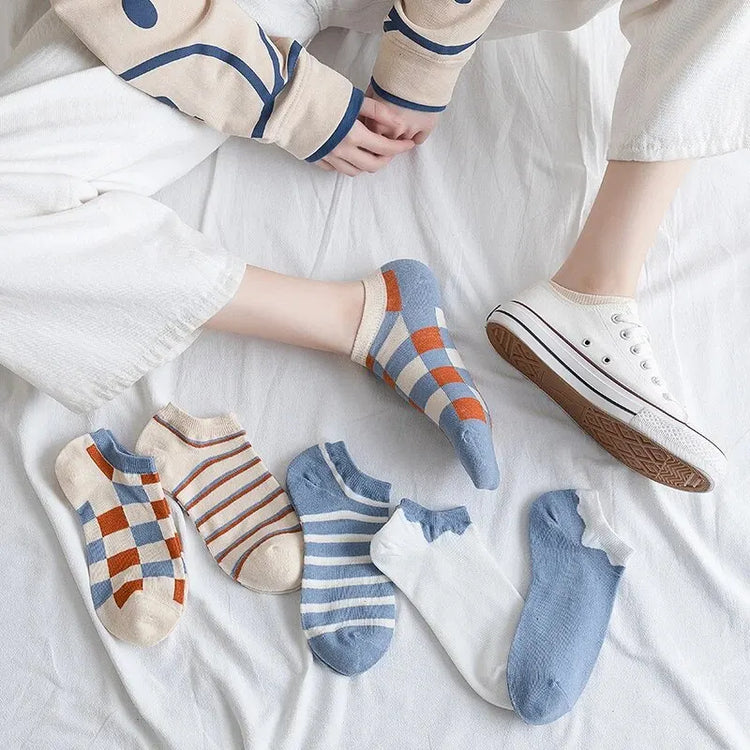Superbes chaussettes pour femme, à rayures et à carreaux, confortables, douces, respirantes et extensibles, taille unique. Idéales pour le printemps et l'été ! Lot de 6. La livraison prioritaire est offerte !