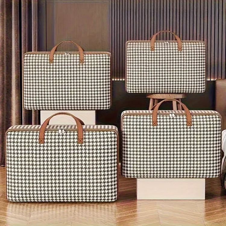 Magnifique sac de rangement grande capacité pour couette, vêtements, oreillers et couvertures, imperméable et anti-poussière, pliable avec poignées renforcées, motif pied-de-poule élégant, disponible en 36L, 60L, 90L, 120L et 150L. Livraison offerte !