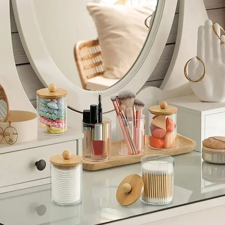 Magnifique pot apothicaire avec couvercle en bambou naturel – rangement élégant, durable et polyvalent pour cotons, maquillage, accessoires de salle de bain, bureau, cuisine et snacks. Livraison offerte !