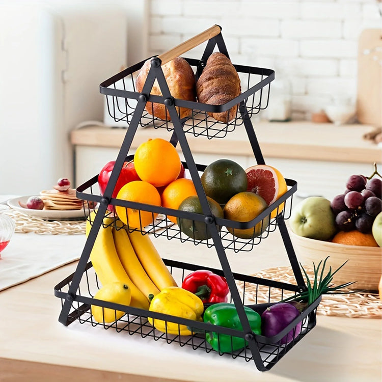Magnifique panier à fruits et légumes, superposés 2 ou 3 niveaux, avec poignée en bois, design élégant pour cuisine et salle de bain, facile à monter et stable. Produit Top Premium. La livraison prioritaire est offerte!