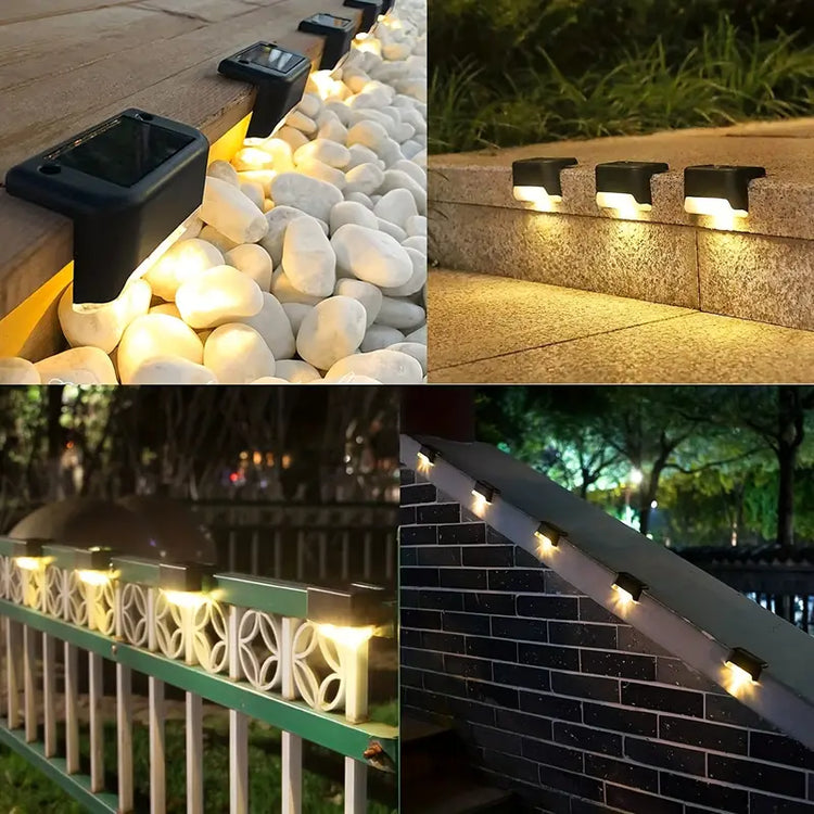 Lampes solaires extérieures avec capteur automatique, éclairage LED blanc chaud étanche, installation facile par adhésif ou vis, idéales pour escaliers, jardins et patios. La livraison prioritaire est offerte !