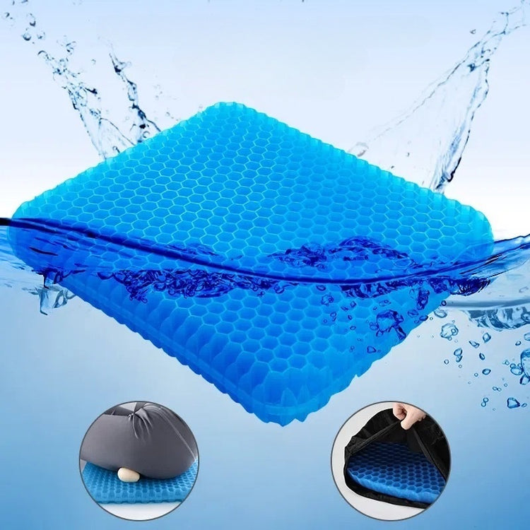 Coussin fraîcheur en gel ultra-confort, anti-pression pour soulager douleurs sciatiques, fessiers et lombaires, avec design respirant en nid d'abeille pour un confort prolongé et une meilleure posture. Housse incluse. La livraison est offerte!