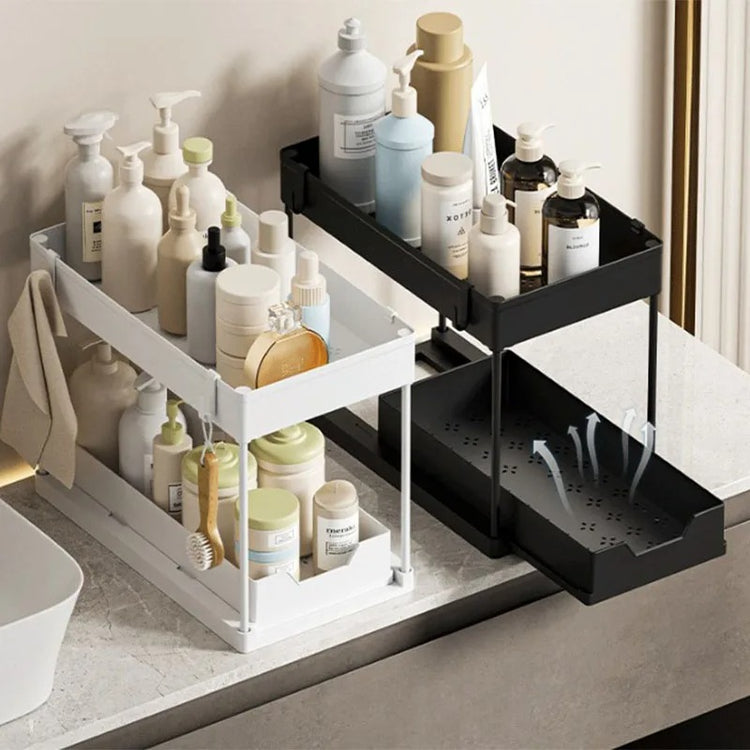 Étagère sous évier à 2 étages avec 4 crochets et 1 pot suspendu, grand espace de stockage, bord de 5 cm de hauteur pour empêcher les objets de tomber, tiroir amovible, facile à installer, déplacer et démonter. La livraison prioritaire est offerte !