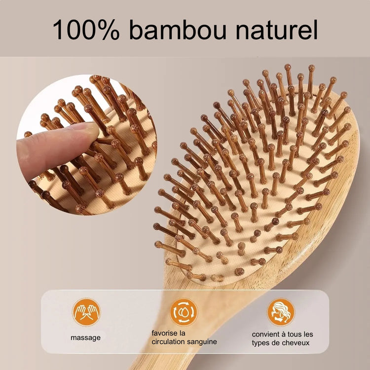 Lot de 4 brosses à cheveux en bambou naturel avec coussin d’air, démêlante antistatique, massage du cuir chevelu, prévient la casse et répartit les huiles naturelles – adaptée à tous types de cheveux, 4 brosses Premium. Livraison offerte !