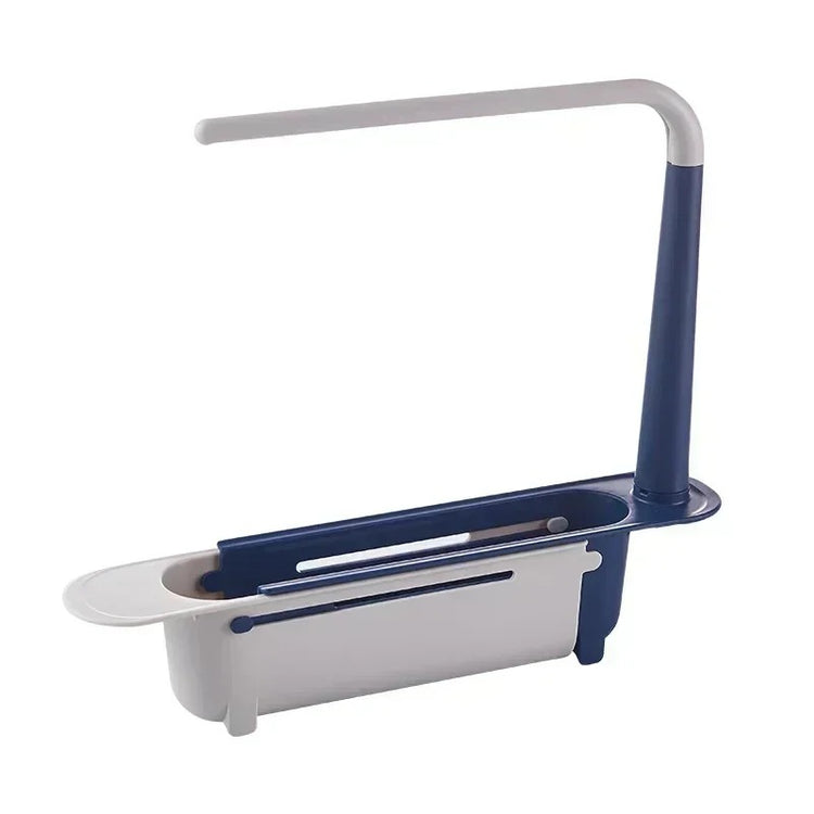 Ingénieux support télescopique pour évier, organisateur 2-en-1, barre à torchon intégrée, design ventilé, installation sans perçage, gain de place et séchage rapide. La livraison prioritaire est offerte !