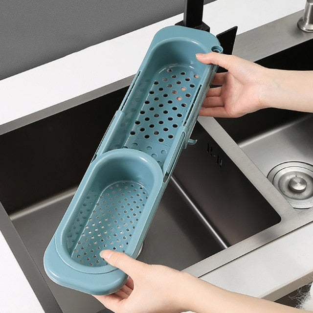 Support d'évier, porte-savon, éponge, torchon, égouttoir réglable, et panier de rangement. Pratique, robuste et ajustable!