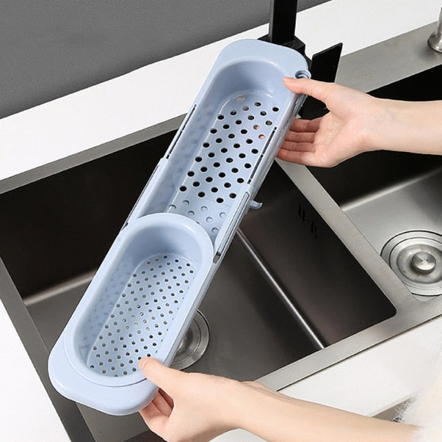 Support d'évier, porte-savon, éponge, torchon, égouttoir réglable, et panier de rangement. Pratique, robuste et ajustable!
