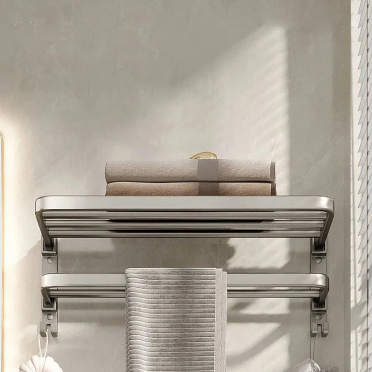 Porte-serviettes mural pliable en acier inoxydable avec barres et crochets, installation adhésive ou par perçage, idéal pour salles de bain et cuisines. La livraison prioritaire est offerte !
