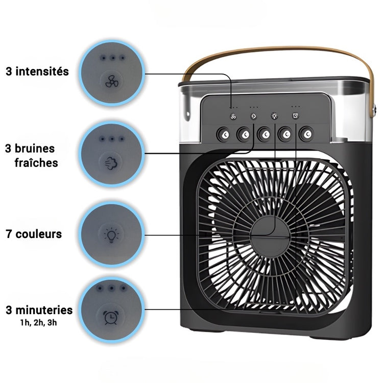Ventilateur-climatiseur d'air frais, compact, silencieux, 3 vitesses, 3 minuteries, 3 bruines fraîches, 7 couleurs – Idéal près du lit, coin lecture, espace de travail, cuisine, bureau, terrasse, etc. La livraison prioritaire est offerte !