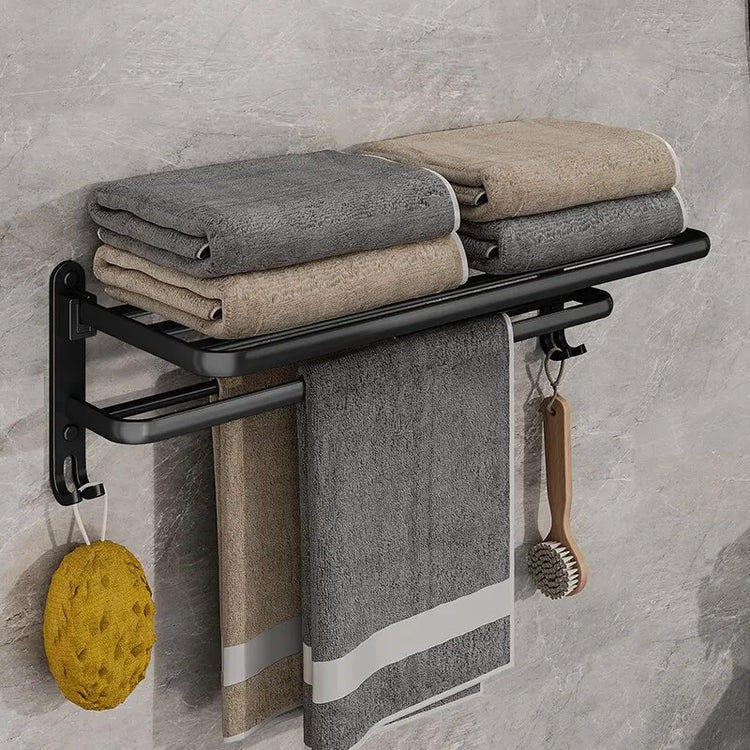 Porte-serviettes mural pliable en acier inoxydable avec barres et crochets, installation adhésive ou par perçage, idéal pour salles de bain et cuisines. La livraison prioritaire est offerte !
