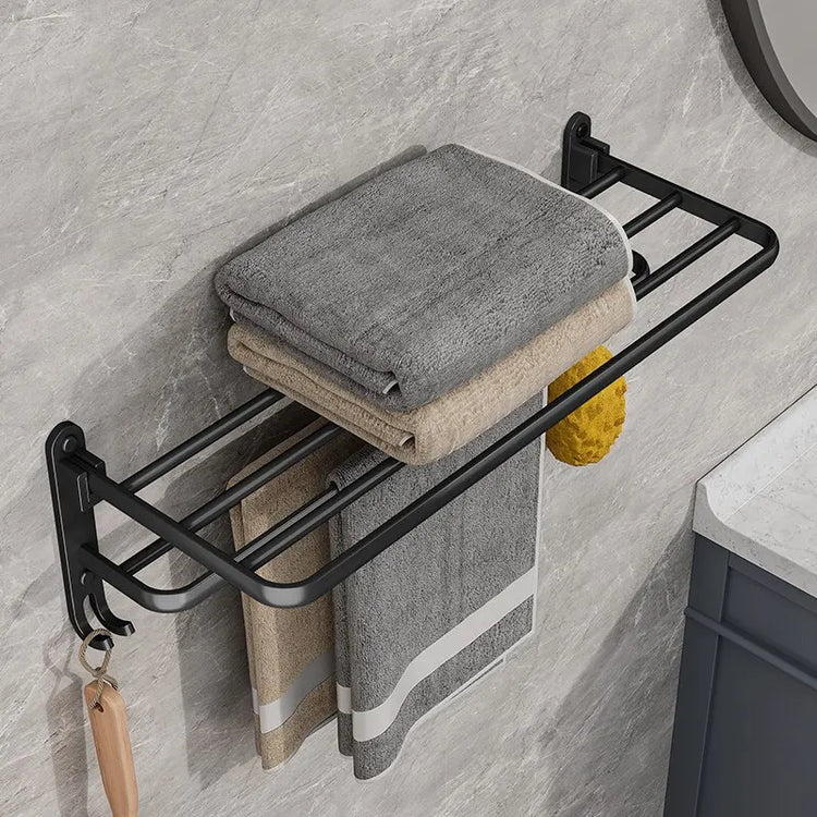 Porte-serviettes mural pliable en acier inoxydable avec barres et crochets, installation adhésive ou par perçage, idéal pour salles de bain et cuisines. La livraison prioritaire est offerte !