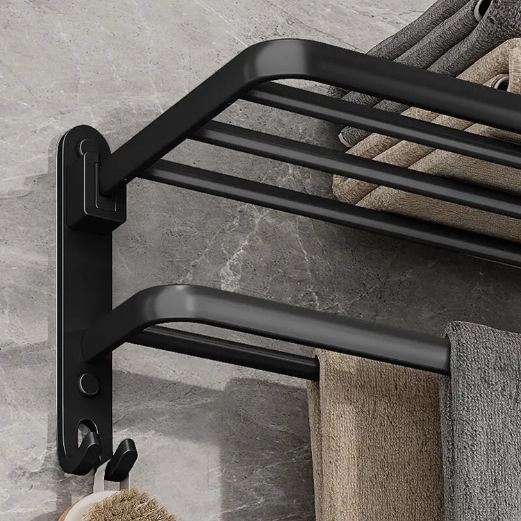 Porte-serviettes mural pliable en acier inoxydable avec barres et crochets, installation adhésive ou par perçage, idéal pour salles de bain et cuisines. La livraison prioritaire est offerte !
