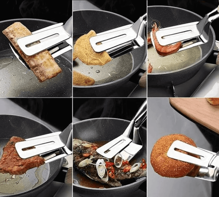 Double pince-spatule multifonction en acier inoxydable. La livraison est offerte !
