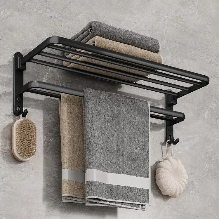 Porte-serviettes mural pliable en acier inoxydable avec barres et crochets, installation adhésive ou par perçage, idéal pour salles de bain et cuisines. La livraison prioritaire est offerte !