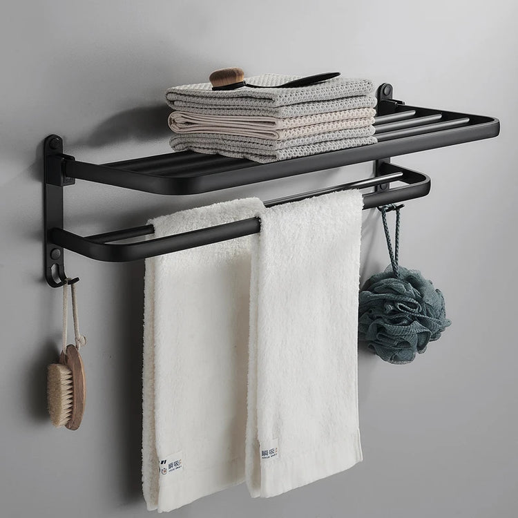 Porte-serviettes mural pliable en acier inoxydable avec barres et crochets, installation adhésive ou par perçage, idéal pour salles de bain et cuisines. La livraison prioritaire est offerte !
