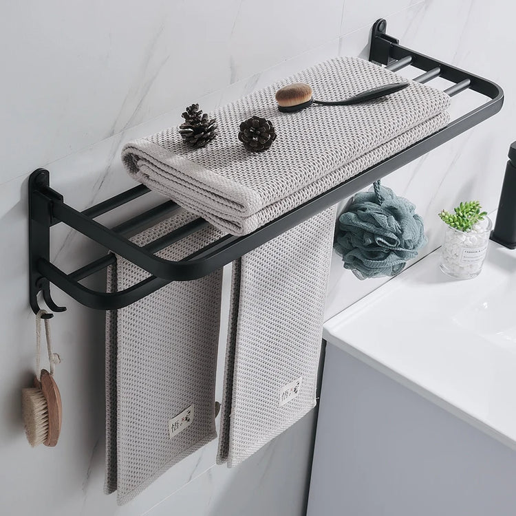 Porte-serviettes mural pliable en acier inoxydable avec barres et crochets, installation adhésive ou par perçage, idéal pour salles de bain et cuisines. La livraison prioritaire est offerte !