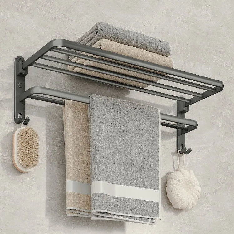Porte-serviettes mural pliable en acier inoxydable avec barres et crochets, installation adhésive ou par perçage, idéal pour salles de bain et cuisines. La livraison prioritaire est offerte !