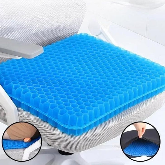 Coussin fraîcheur en gel ultra-confort, anti-pression pour soulager douleurs sciatiques, fessiers et lombaires, avec design respirant en nid d'abeille pour un confort prolongé et une meilleure posture. Housse incluse. La livraison est offerte!