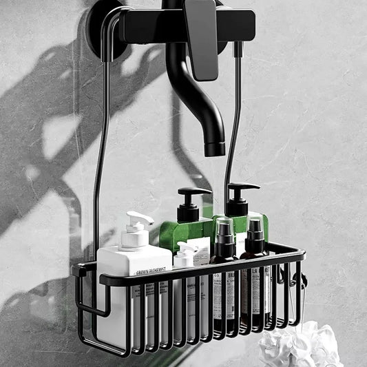 Étagère de salle de bain pratique en aluminium premium anti-rouille, sans perçage, avec grand panier 31 x 12 cm, crochets latéraux, installation rapide et design élégant, un must pour l’organisation. Livraison offerte !