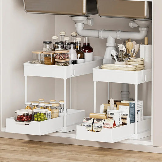 Étagère sous évier à 2 étages avec 4 crochets et 1 pot suspendu, grand espace de stockage, bord de 5 cm de hauteur pour empêcher les objets de tomber, tiroir amovible, facile à installer, déplacer et démonter. La livraison prioritaire est offerte !